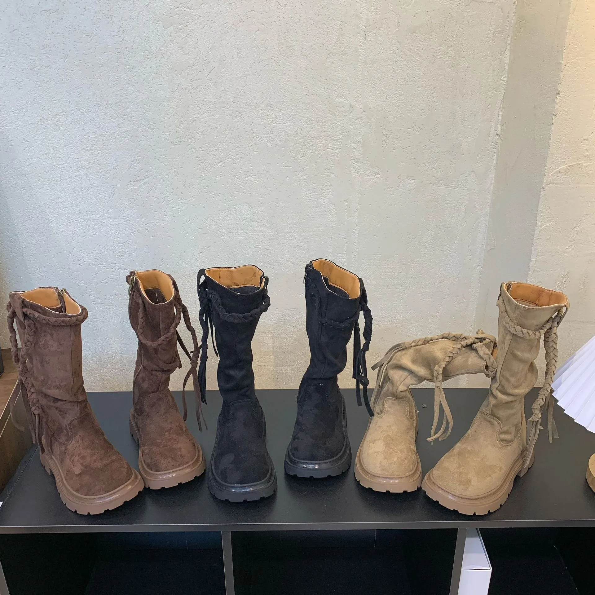 Girls Vintage British Style Tall Boots Cow Suede Tassel Western Boots Non-Slip Fashion Side Zipper Long Boots For Autumn Winter
