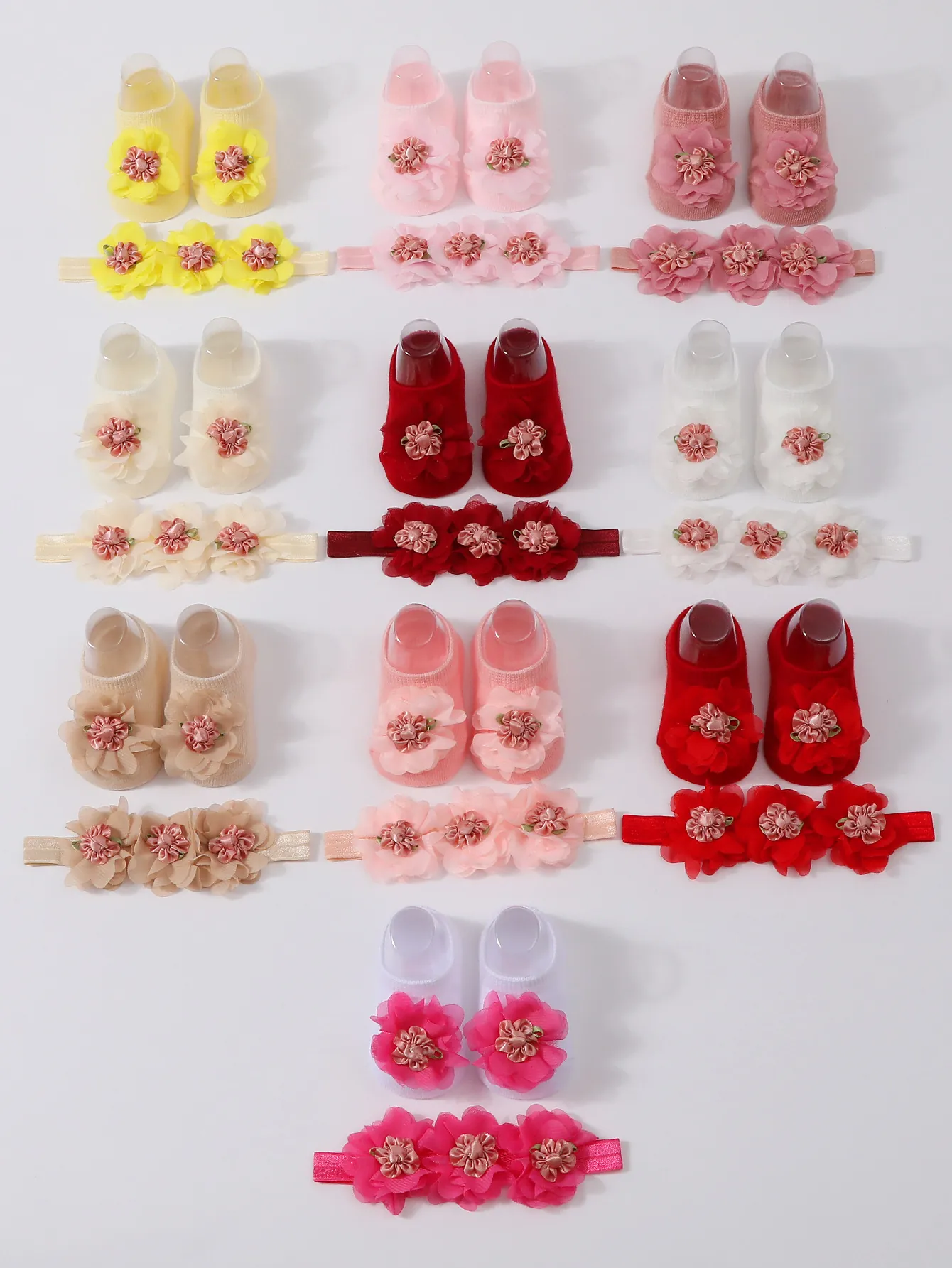 Conjunto de Calcetines de Suelo y Diadema para Bebé Niña Flores de Malla 3D Jacquard Calcetines Antideslizantes Accesorios para Pelo 0-1 Año