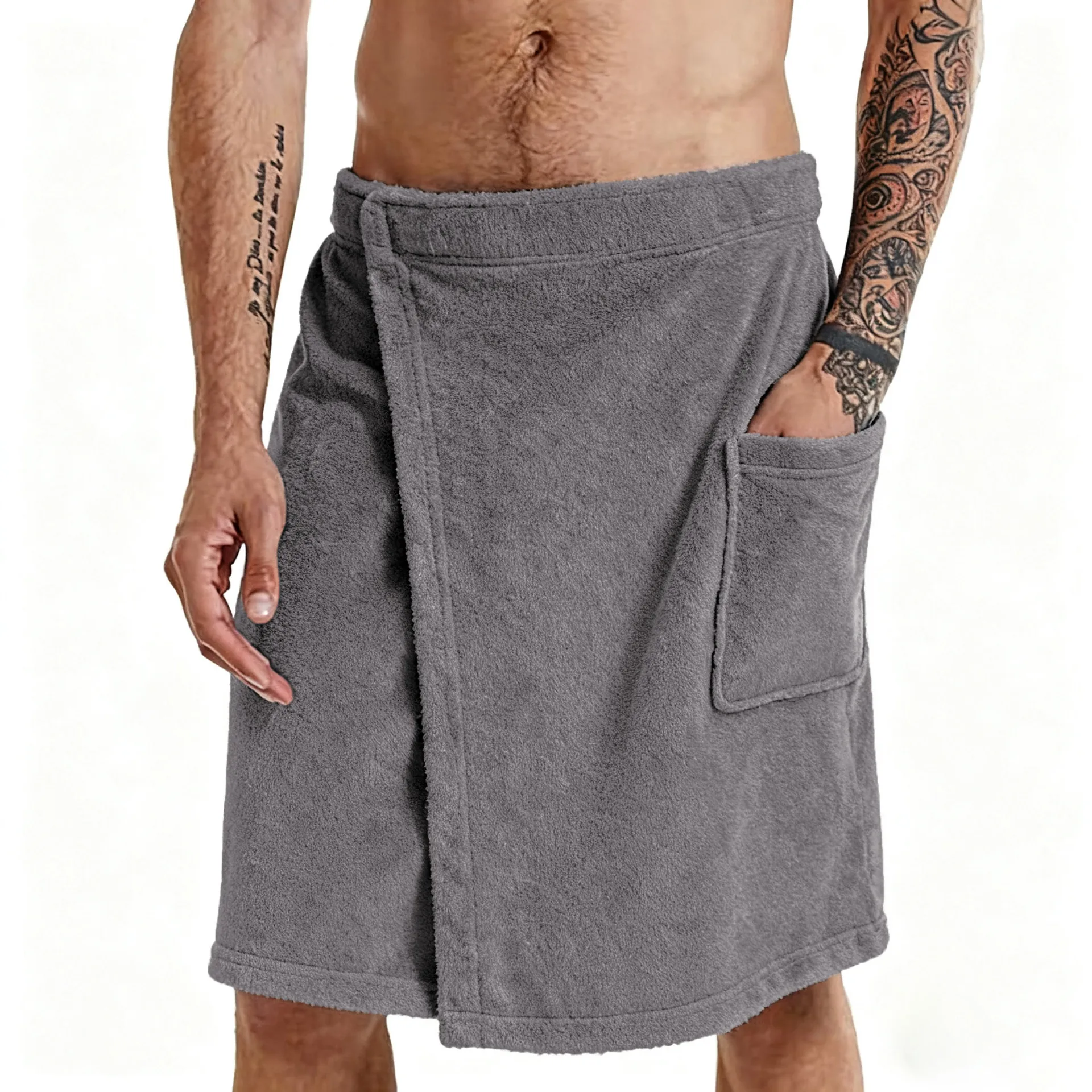 Men Adjustable Wearable Bathrobe Wrap With Pocket Polyester Absorbent Quick Dry Robe For Home Spa Beach Casual