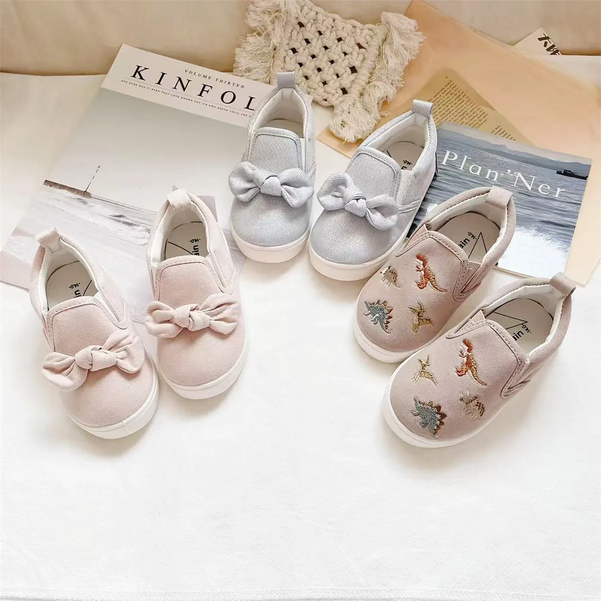 Παιδικά Πάνινα Παπούτσια Slip-on Ιαπωνικό Στυλ Φιόγκος Κέντημα Δεινόσαυρος Μαλακή Σόλα Αναπνεύσιμα Casual Sneakers για Αγόρια Κορίτσια
