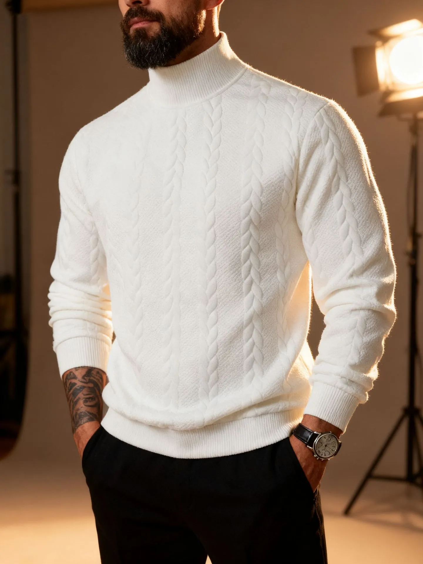 Men Casual Turtleneck Sweater Cable Knit Jacquard Pullover Long Sleeve Solid Color Thick Warm Top For Winter Autumn