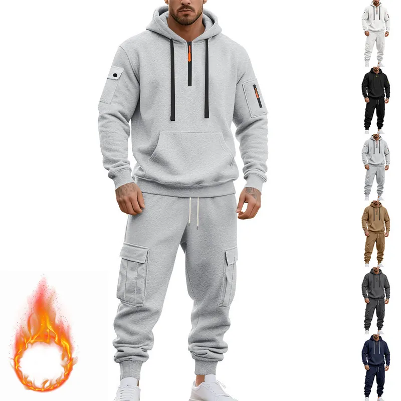 Men Heavyweight Fleece Hooded Sweatsuit Top And Bottom American Casual Workwear Cargo Tracksuit Set For Outdoor Commuting