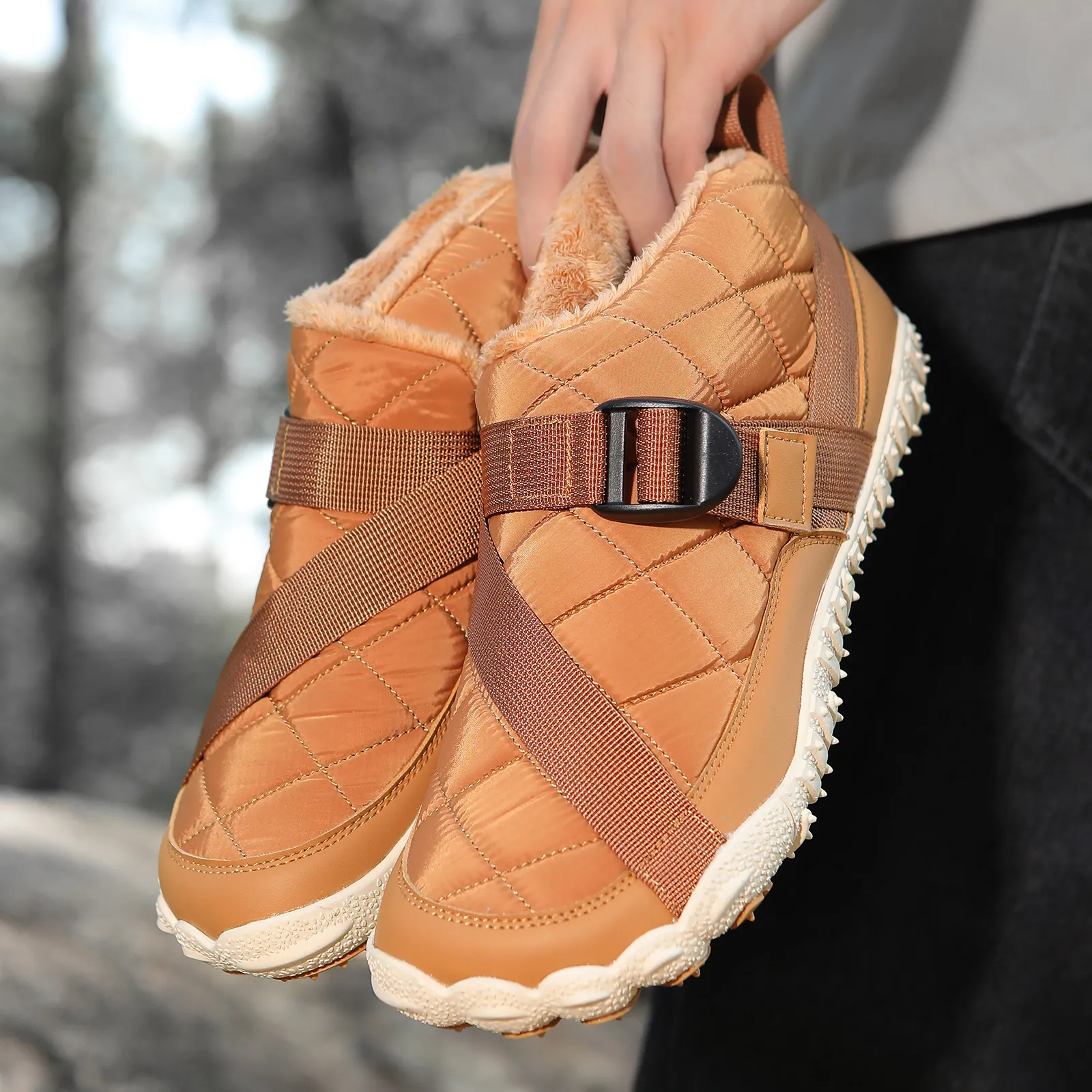 Unisex Outdoor Waterproof Snow Boots Winter Warm Quilted Microfiber Cotton Shoes Non-Slip Rubber Sole Buckle Strap Boots