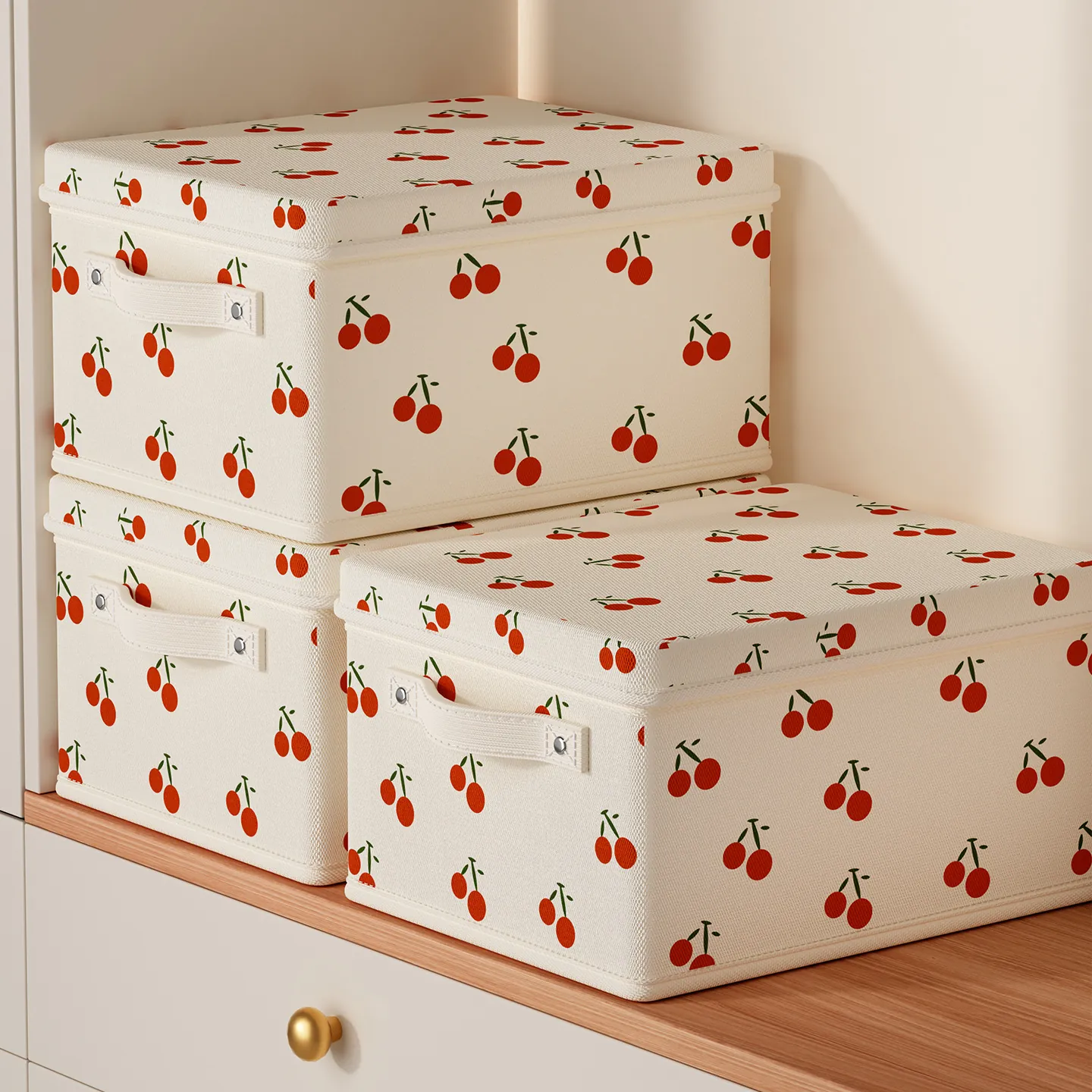 Caja de Almacenamiento de Tela de Gran Capacidad Con Tapa Organizador de Ropa y Edredones Plegable Estampado de Cerezas para Armario