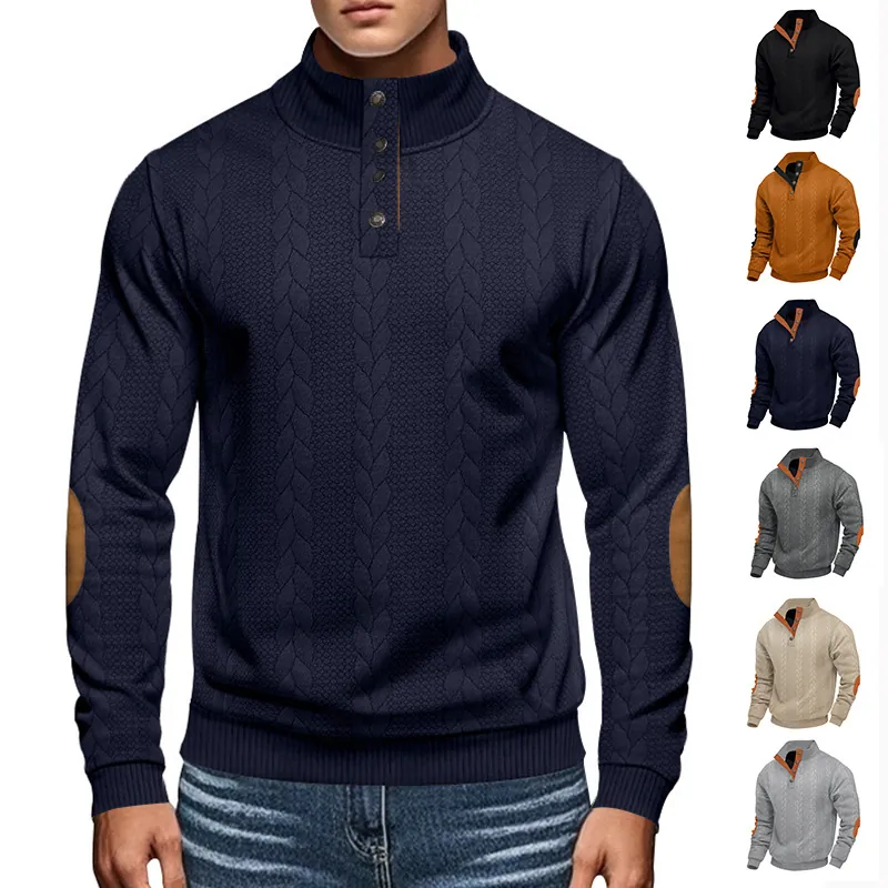Men Jacquard Henley Sweatshirt Vintage Elbow Patch Stand Collar Long Sleeve Casual Top Polyester Spandex Pullover