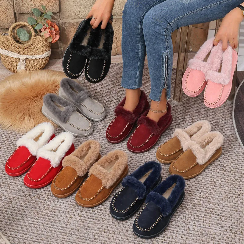 Women Faux Suede Flat Cotton Shoes Warm Faux Fur Lining Moccasin Loafers Large Size Casual Indoor Outdoor Winter Footwear
