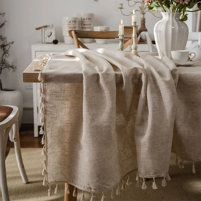 Nordic European Simple Cotton Linen Tablecloth With Tassels Solid Beige Rectangular Decorative Table Cover For Kitchen Dining Room