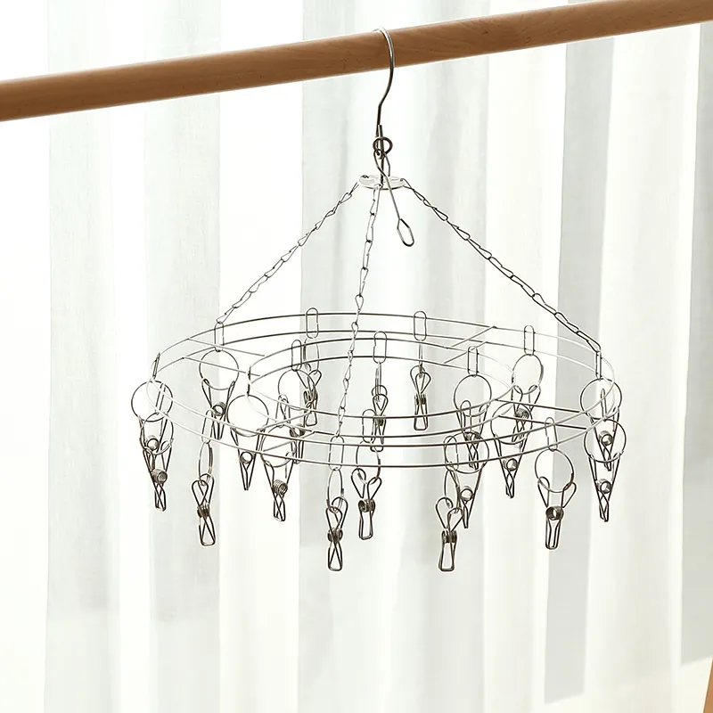 Stainless Steel Round Laundry Drying Rack Multi-Clip Windproof Hook For Socks Underwear Baby Clothes Home Drying Hanger