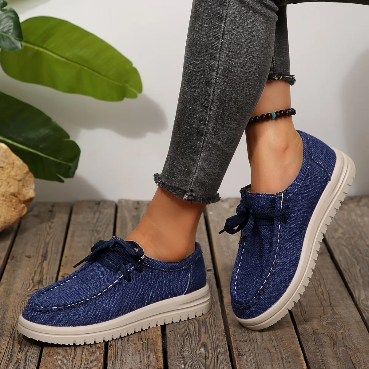 Dames Casual Canvas Instappers Ronde Neus Dikke Zool Vetersluiting Ademende Wandelschoenen Mode Sneakers