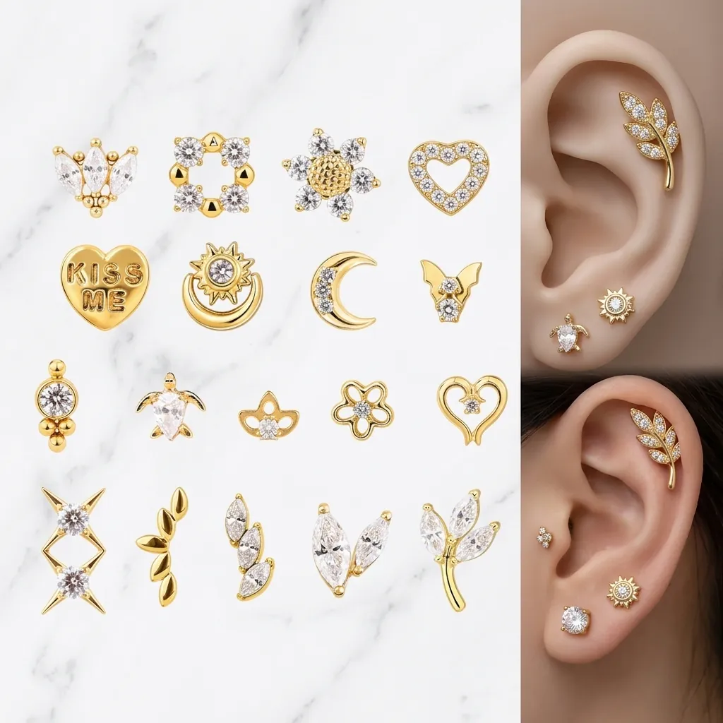 Boucles d'Oreilles de Piercing en Alliage de Titane F136 Plaquées Or 18K Zirconia Incrusté Cœur Lune Papillon Étoile Accessoires DIY pour Bijoux Unisexe