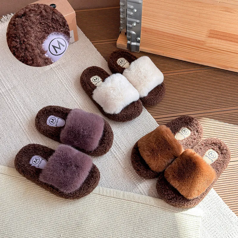 Pantofole in Peluche per Ragazze Stile Coreano Suola Spessa Calde Ciabatte da Interno Esterno per Inverno Bambini Donna
