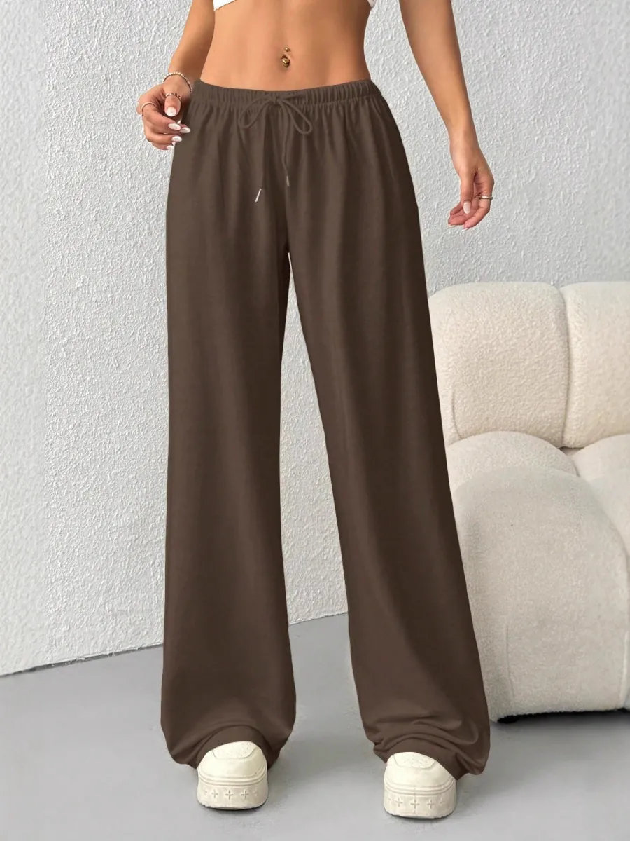 Women's Wide Leg Pants Polyester Spandex Drawstring Elastic Waist Casual Loose Knitted Full Length Comfortable Trousers