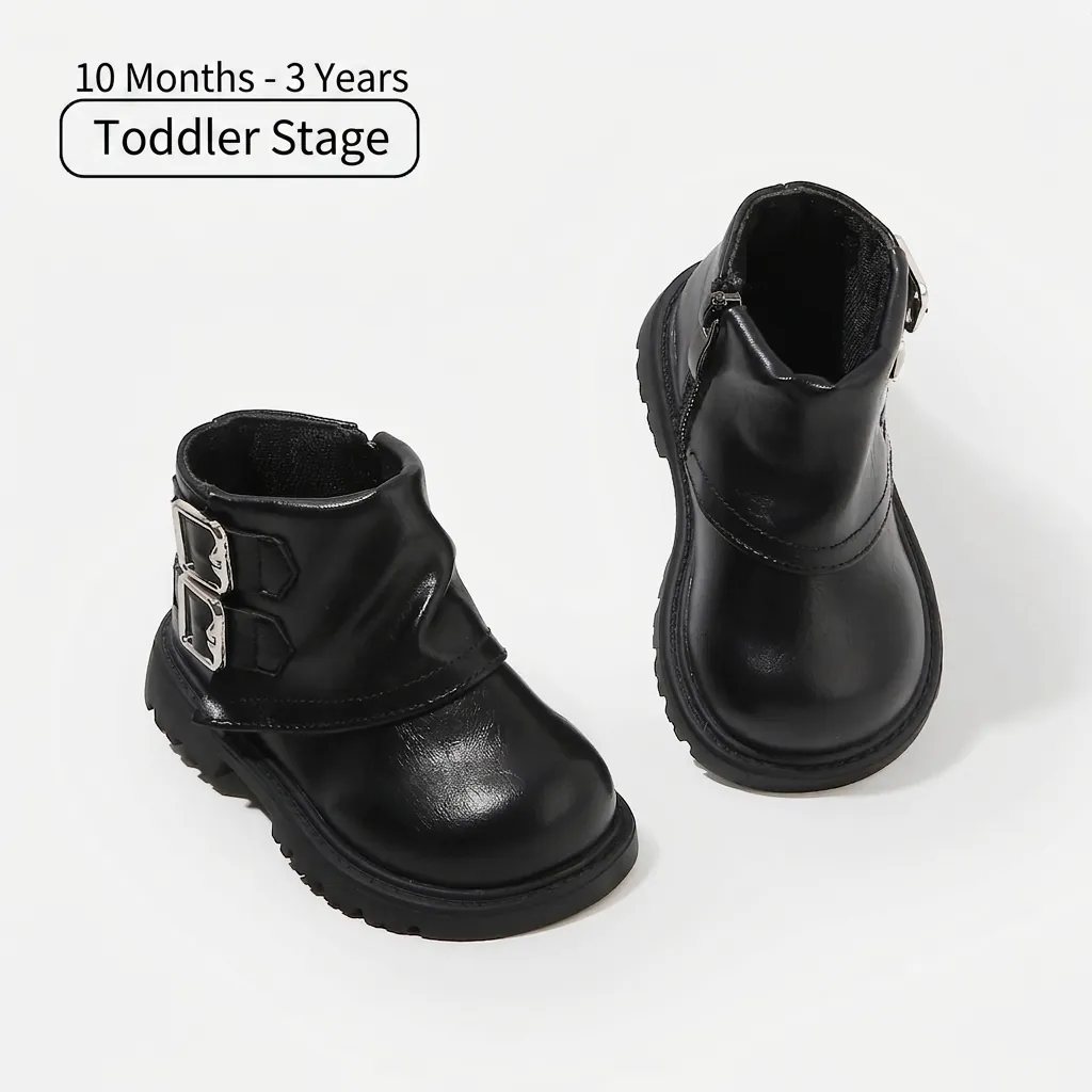 Kleinkind Mädchen Mode Lederstiefel Warm Fleece Gefüttert Prinzessin Schuhe Metallschnalle Seitenreißverschluss Rutschfest Erstlingsschuhe