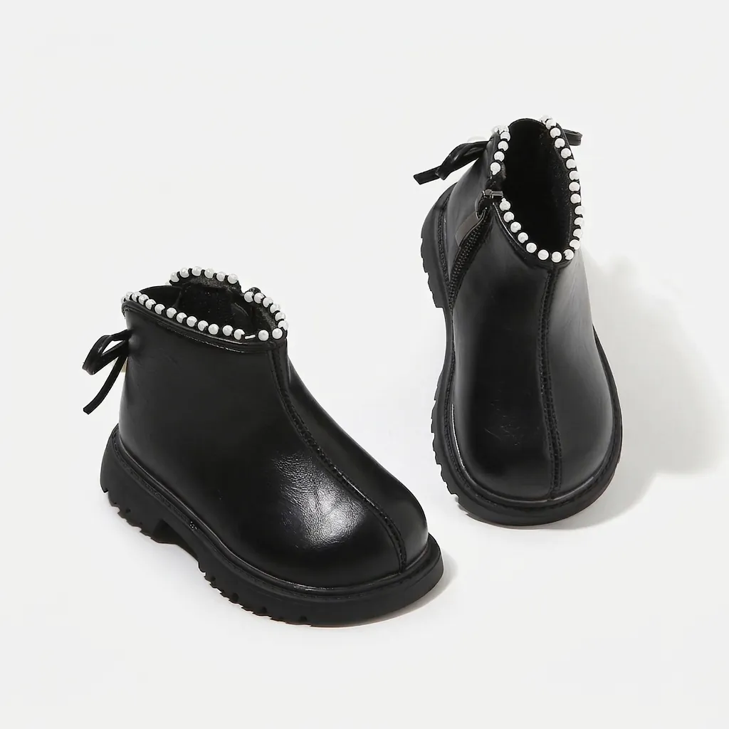 Stivali Martin per Ragazze Scarpe in Pelle Microfibra di Moda con Fiocco in Perla Artificiale Cerniera Laterale Antiscivolo Stivaletti per Bambini
