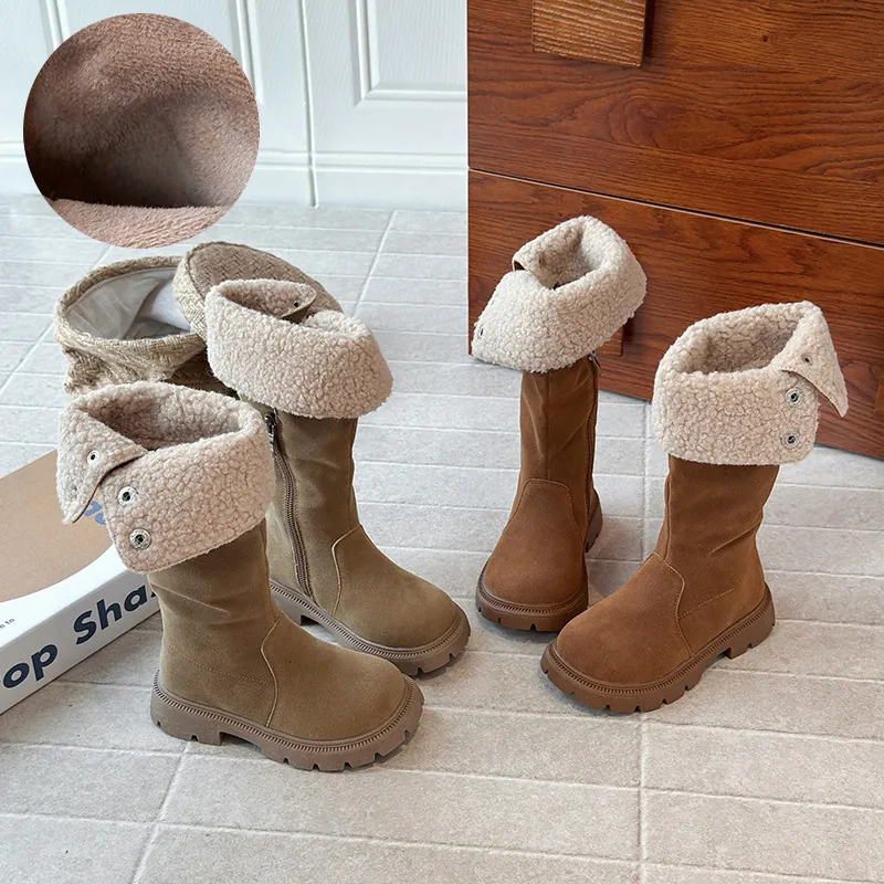 Girls Winter Plush Lined Tall Boots Maillard Style Faux Leather Side Zipper Fold-over Cuff Non-slip Warm Snow Boots For Kids