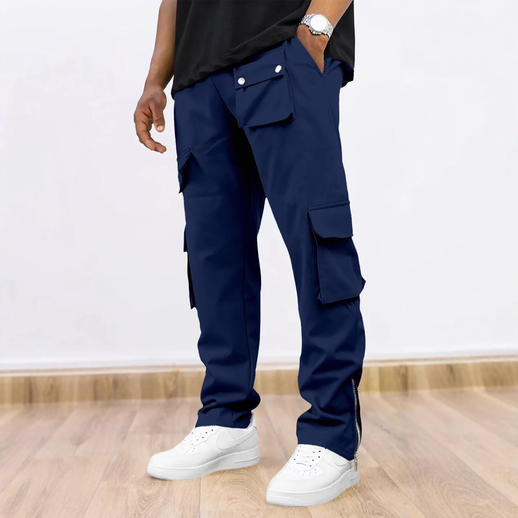 Men's Outdoor Leisure Solid Color Cargo Pants High Quality Multi-Pocket Design Straight Leg Trousers With Zipper Cuffs