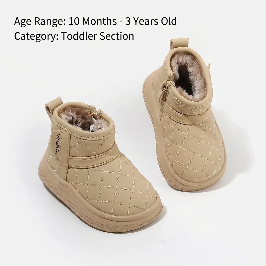 Toddler Baby Winter Snow Boots Fleece Lined Warm Thick Sole Quilted Microfiber Leather Side Zipper Short Boots Boys Girls