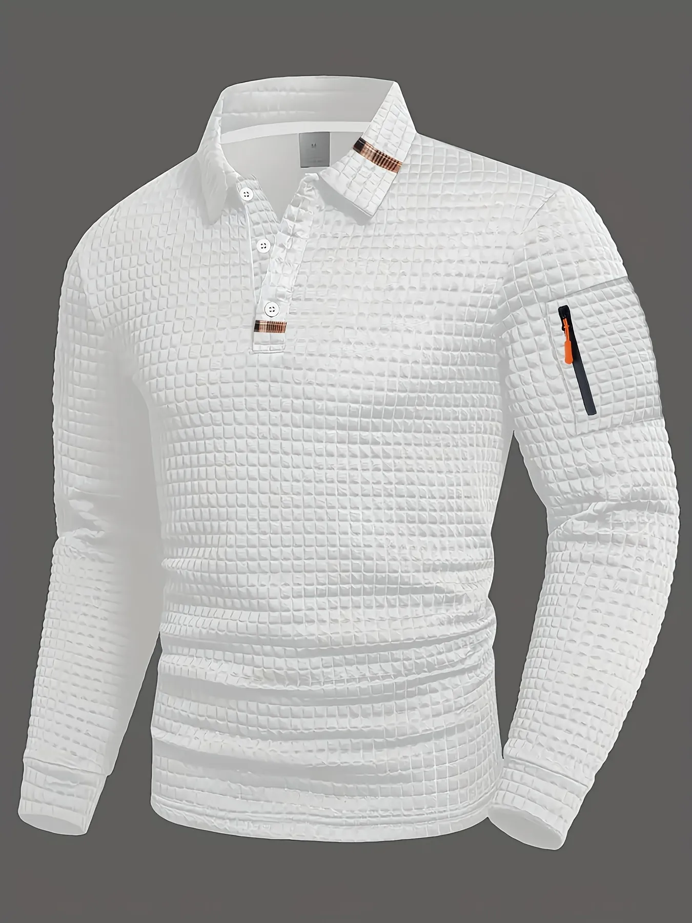 Polo da Uomo a Manica Lunga Texture a Nido d'Ape Patchwork Top con Tasca con Cerniera sulla Manica Abbigliamento Moda