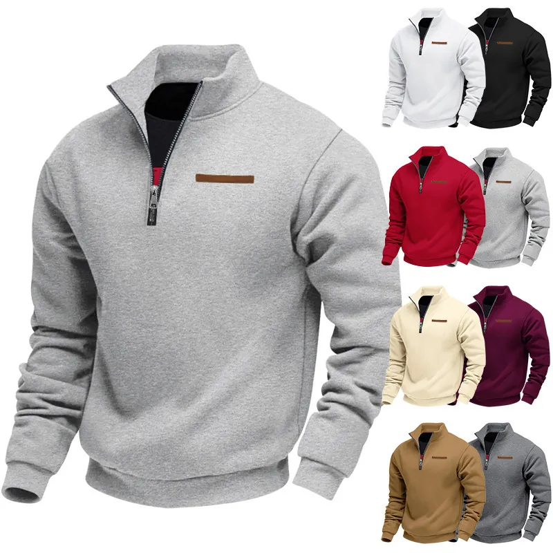 Sweat-shirt Style Américain pour Hommes avec Fermeture Éclair Quart Col Montant Doublé de Polaire Couleur Unie Pull Décontracté Large pour Printemps Automne