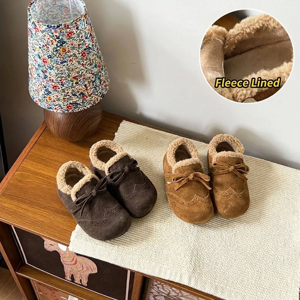 Girls Winter Fur Lined Leather Birkenstock Style Shoes Warm Brogue Bow Toddler Footwear