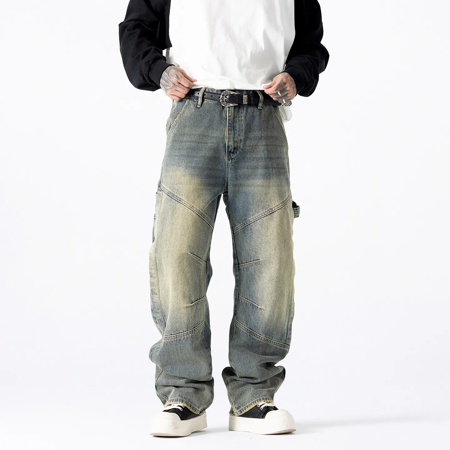 Jeans en Denim Patchwork High Street pour Hommes Bleu Vintage Ample Droit Jambe Large Pantalon Décontracté Style Coréen