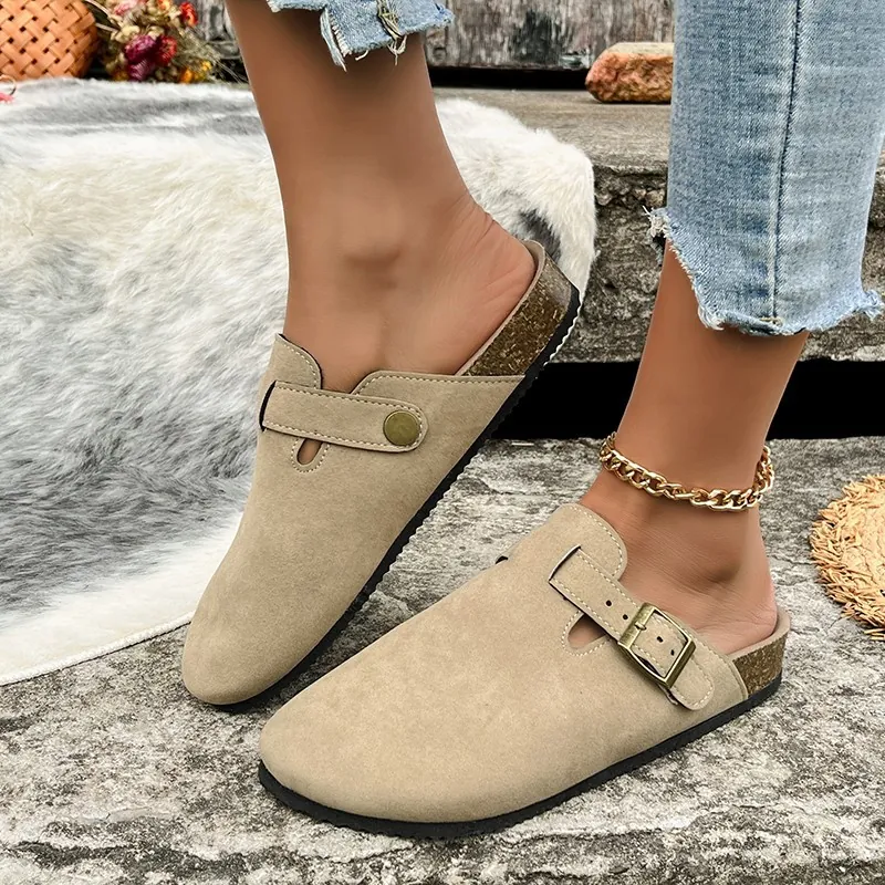 Pantofole in Sughero Casual da Donna a Punta Chiusa Muli in Pelle PU Scamosciata Retro Con Fibbia in Metallo Pantofole Mezze Basse Romane Antiscivolo