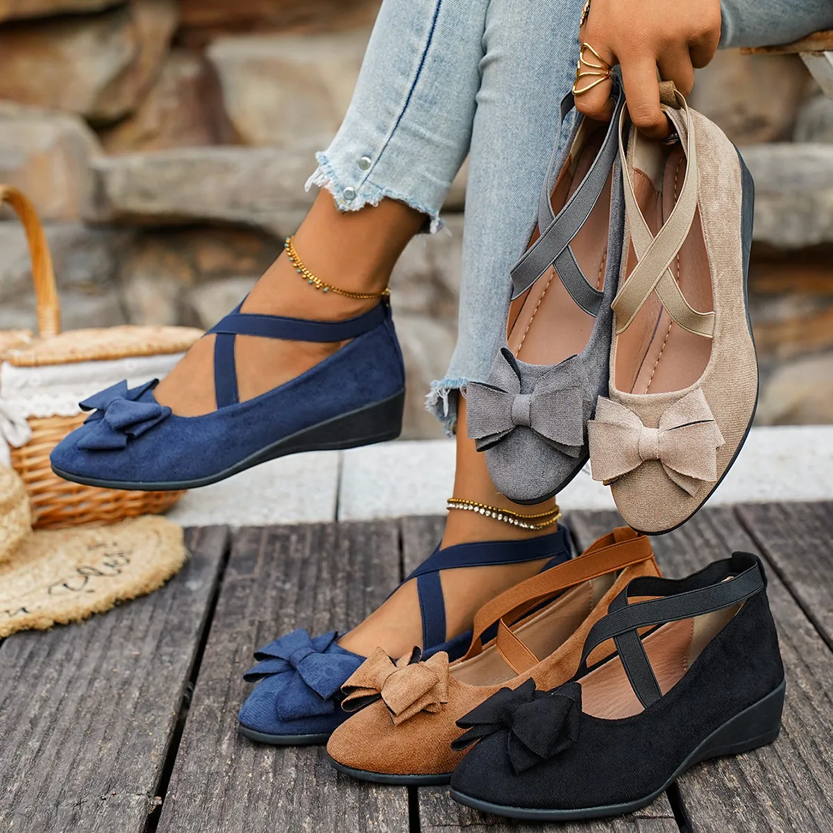 Mocassini da Donna con Zeppa in Camoscio Primavera Autunno con Fiocco Moccasins Fascia Elastica Incrociata Scarpe a Punta Tinta Unita Casual
