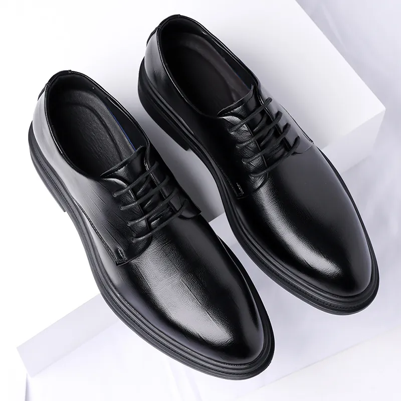 Men Business Formal Derby Leather Shoes Black Split Cow Leather Pointed Toe Platform Wedding Shoes For Groom Lace-up Office Footwear