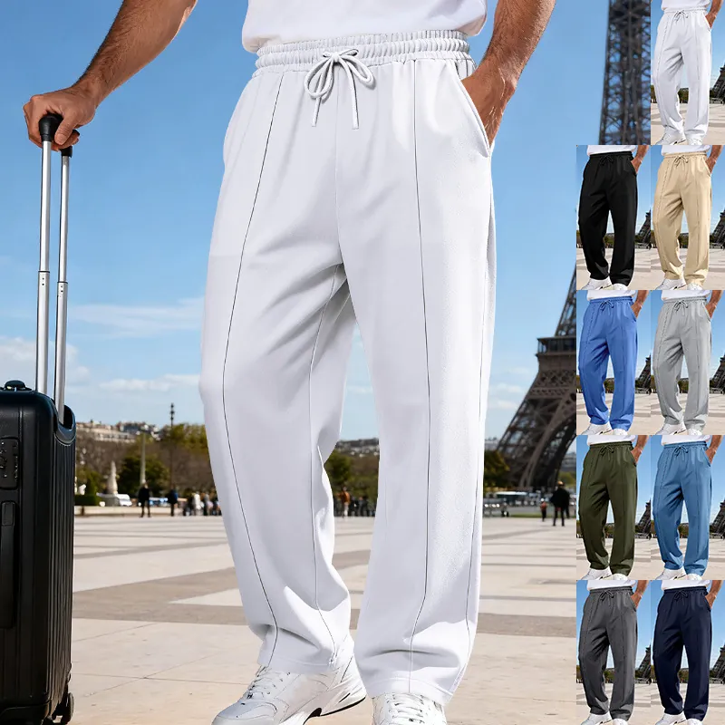 Men's Casual Straight Leg Knit Pants Lightweight Solid Color Drawstring Elastic Waist Bottoms For Sport Business Jogging