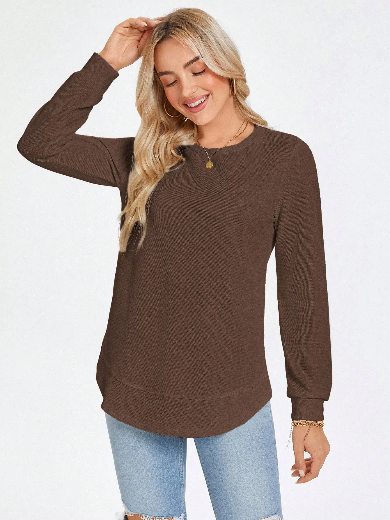 Women's Casual Waffle Knit Long Sleeve T-Shirt Round Neck Solid Color Curved Hem Top Loose Fit Spring Autumn Clothing