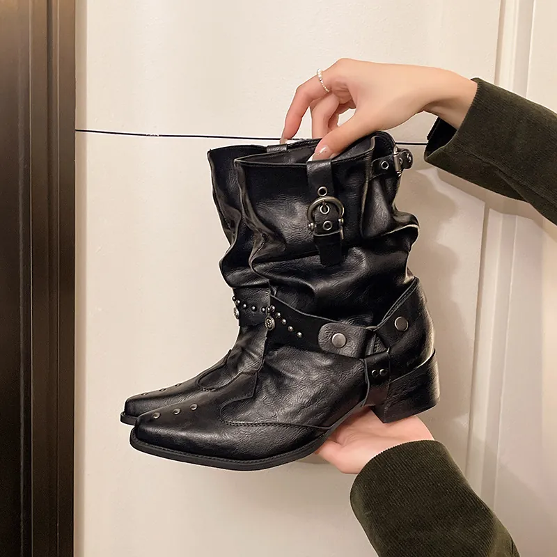 Bottines Femme Style Britannique Bout Pointu Souples Avec Rivets et Boucles Talon Carré Cow-boy Occidental Chaussures Mode