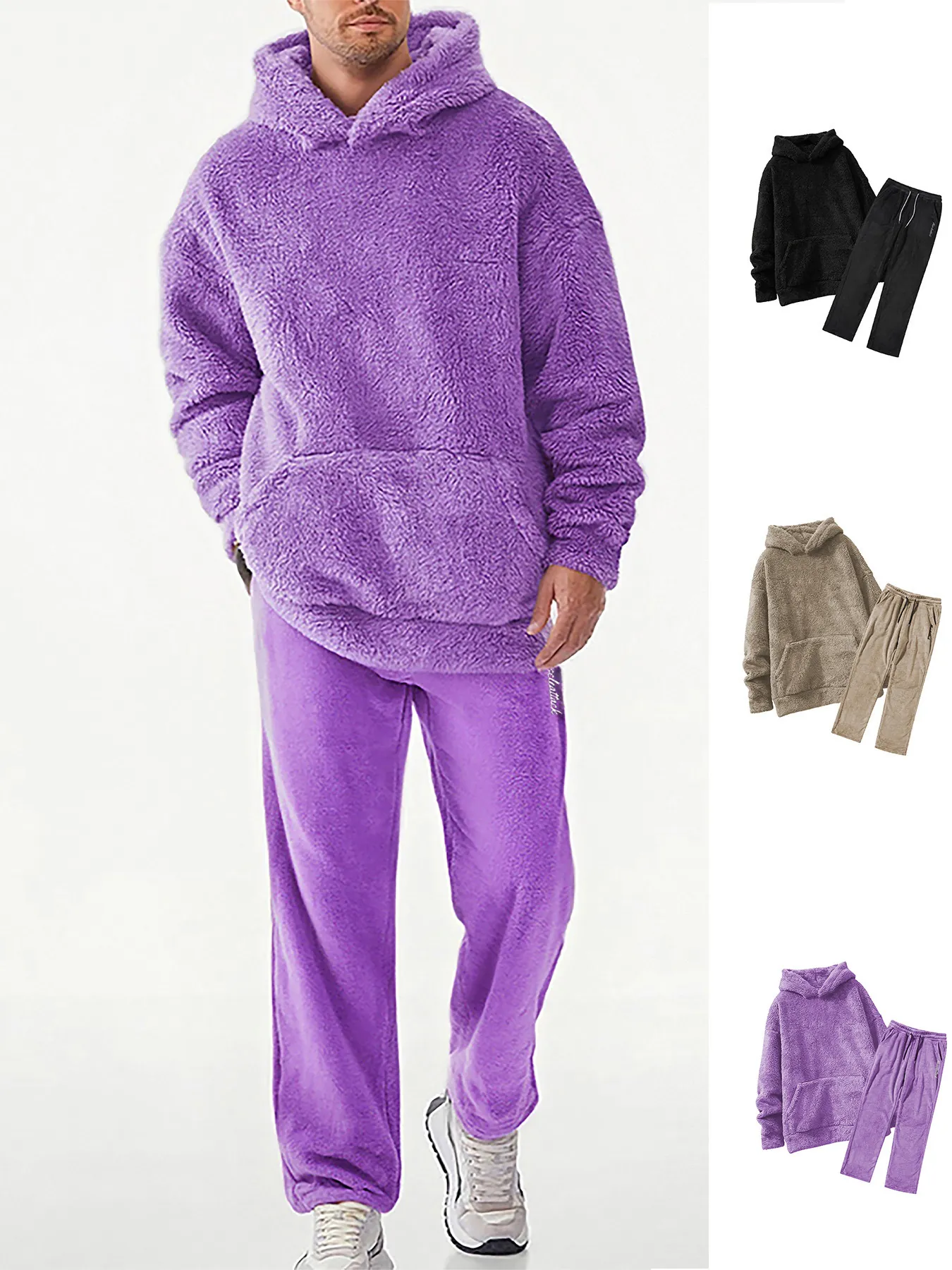 Men's Winter Thick Coral Fleece Hooded Top And Bottom Warm Casual Drawstring Pocket Loungewear Sporty Leisure Sweatsuit