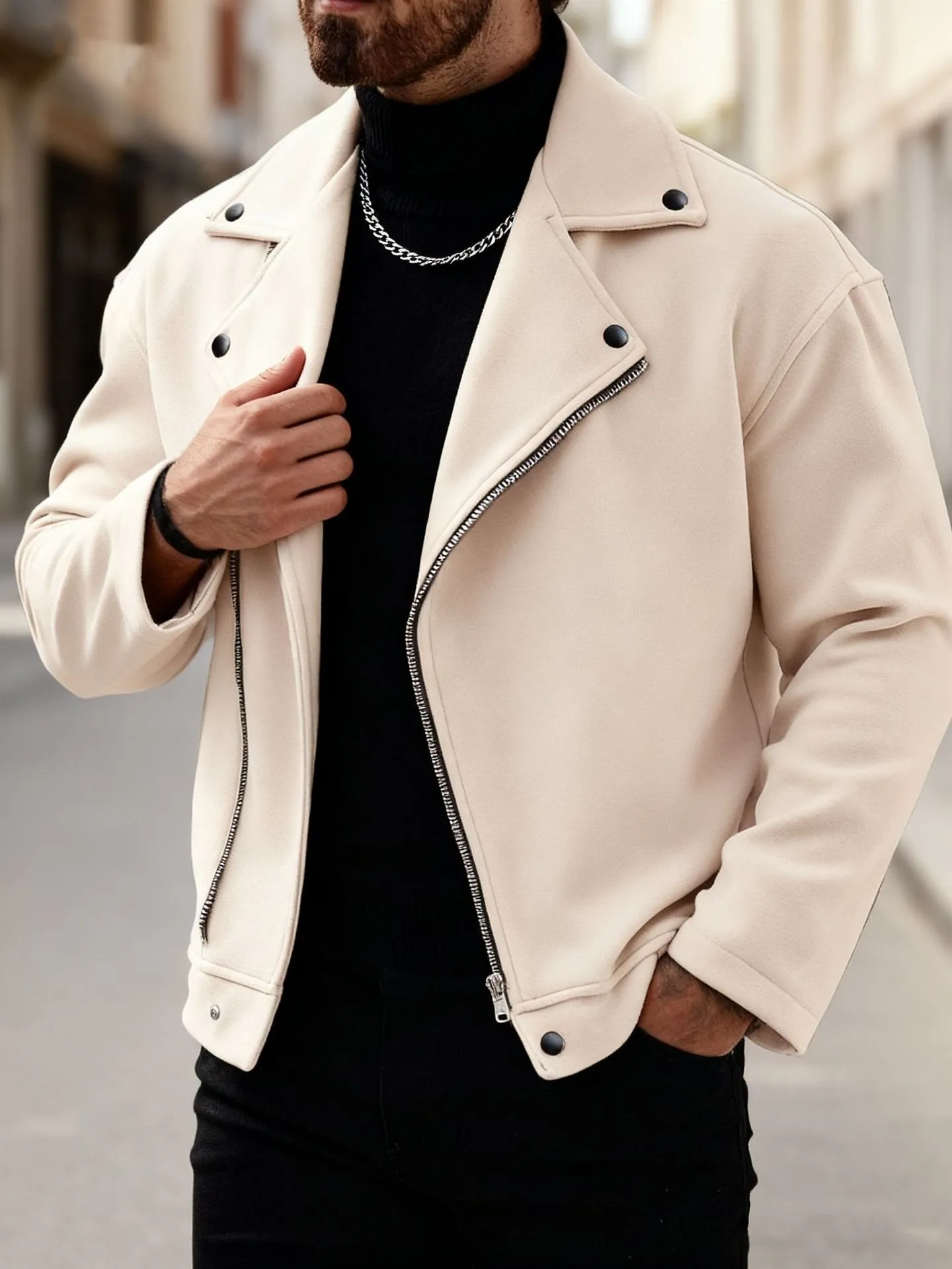Giacca Biker da Uomo Casual Con Cerniera Asimmetrica Collo a Revers Cappotto in Poliestere Autunno Inverno Capispalla