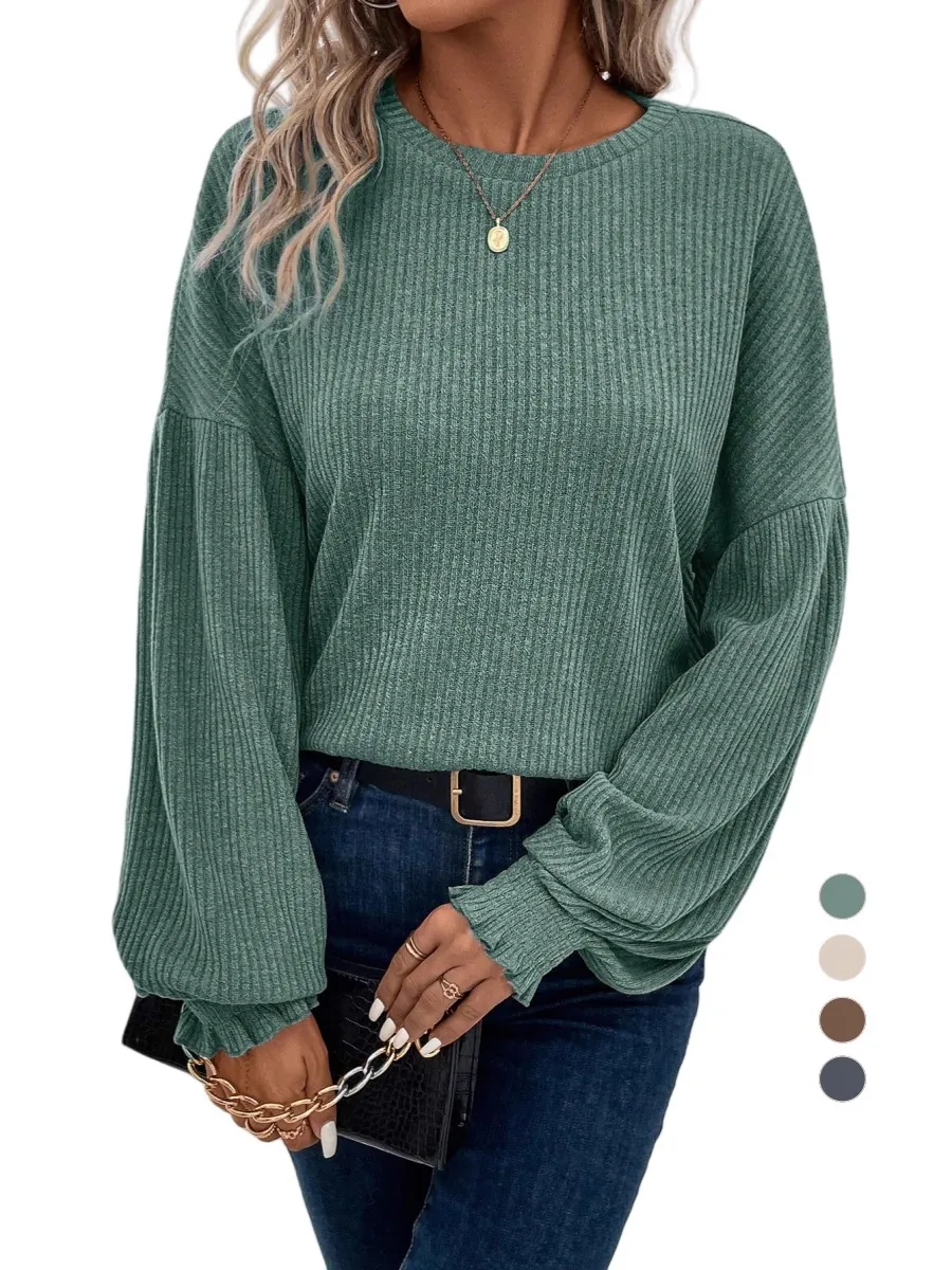 Women Casual Ribbed Crew Neck Long Sleeve T-Shirt Loose Lantern Sleeve Top With Ruffle Cuffs Polyester Autumn Fashion Apparel