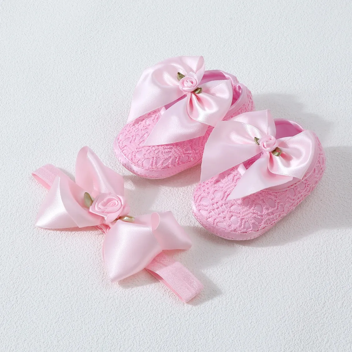 Baby Girls Princess Lace Mesh Shoes With Headband Bow Rose Decoration Soft Sole Pre-walker For Infant 0-1 Year Old Birthday Party