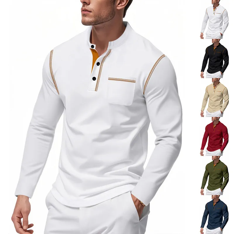 T-Shirt Henley à Manches Longues pour Hommes Patchwork Bloc de Couleur Coupe Slim Top Décontracté Polyester Surpiqûres Contrastées