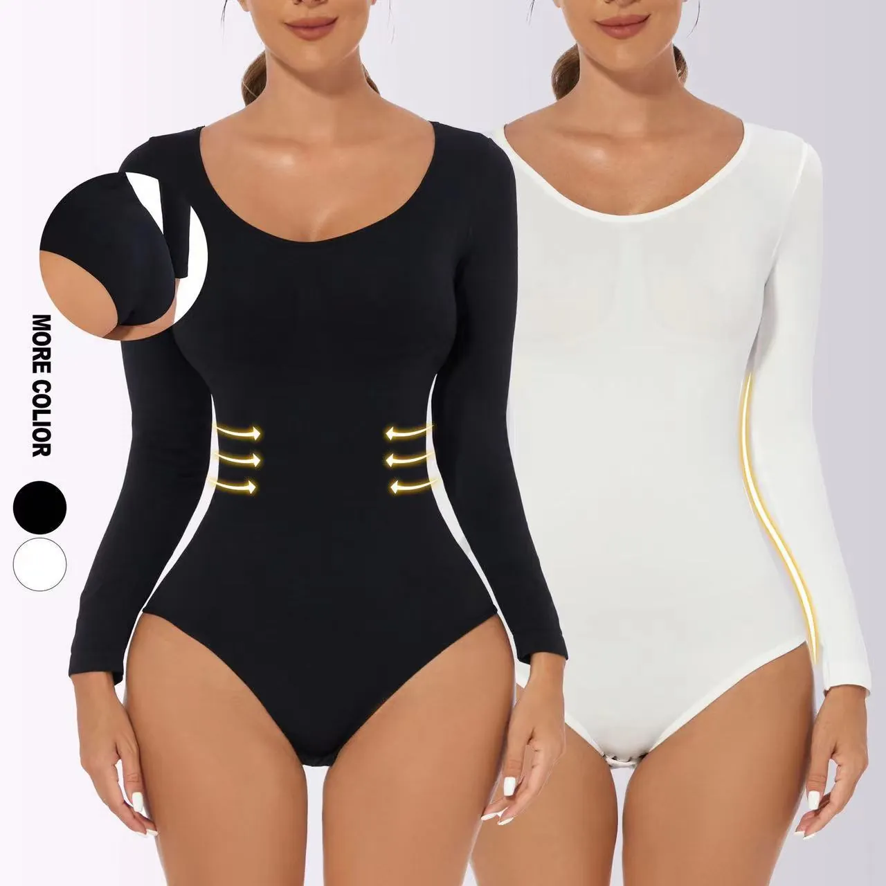 Body Donna a Maniche Lunghe Modellante Controllo Pancia Sollevamento Glutei Senza Cuciture Girocollo in Nylon