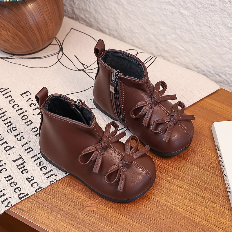 Girls Bow Short Boots Autumn Winter Warm Princess Microfiber Leather Side Zipper Soft Sole Toddler Princess Shoes