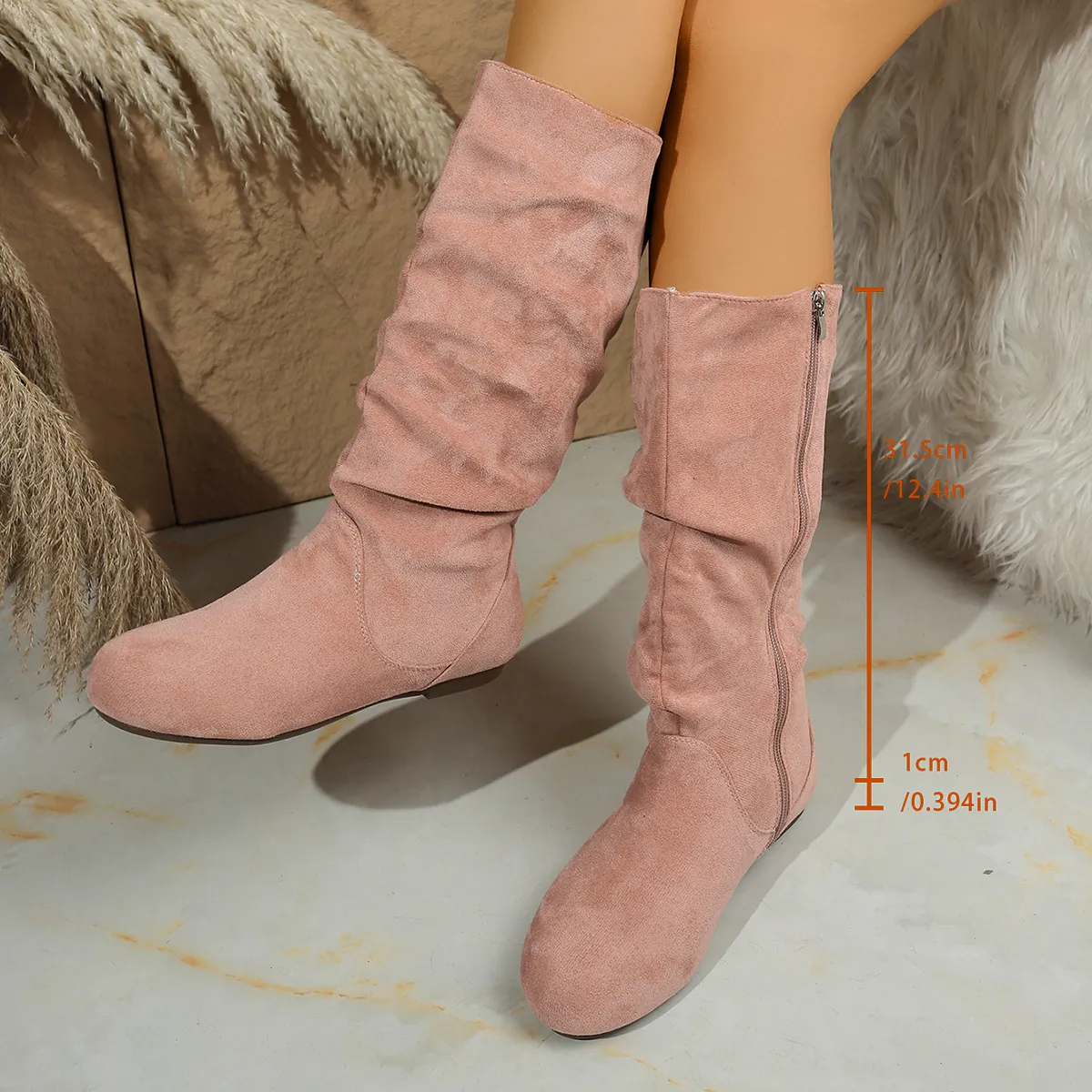 Women Round Toe Suede Slouch Boots Mid Calf Side Zipper Vintage Solid Color Flat Fashion Dress Boots Retro Winter Shoes
