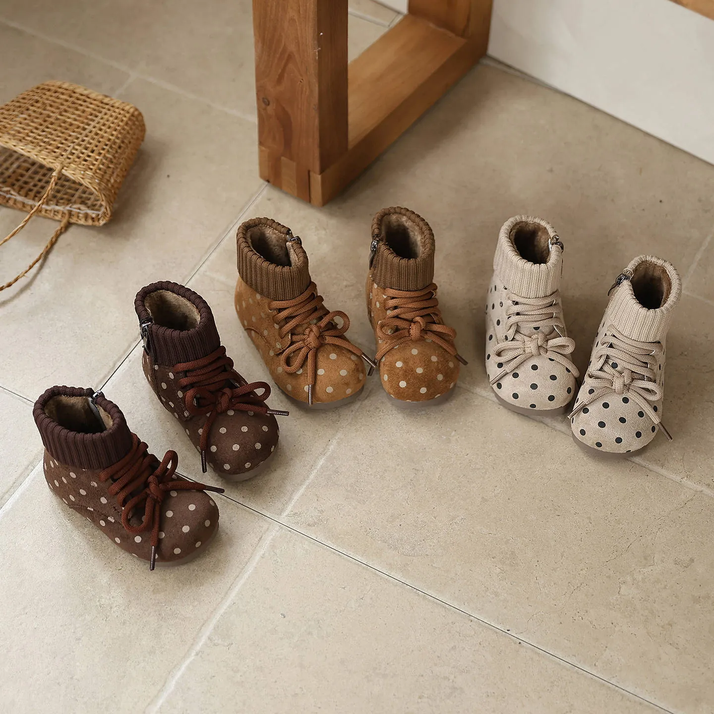 Girls Winter Polka Dot Ankle Boots French Retro Fleece Lined Snow Boots Kids Knitted Cuff Non-slip Side Zipper Outdoor Shoes