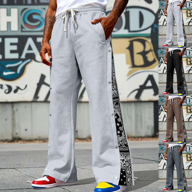 Men's Heavyweight American Hip Hop Casual Pants Paisley Print Side Snap Button Straight Leg Streetwear Sweatpants Trousers