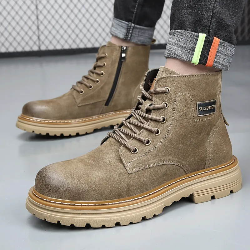 Men's Martin Boots Genuine Leather Winter Warm Fleece Lined Work Boots Vintage British Style Side Zipper Thick Sole Outdoor Shoes