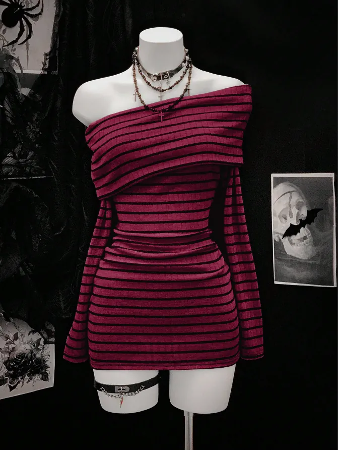 Gothic Off Shoulder Striped Mini Dress Women Long Sleeve Slim Fit Polyester Spandex Punk Style Casual Party Bodycon Dress
