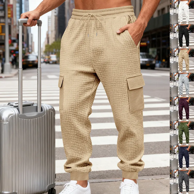 Pantaloni Cargo da Uomo Jacquard Strutturati Pesanti Jogger Casual a Nido d'Ape Pantaloni Sportivi Ampi con Tasche Multiple