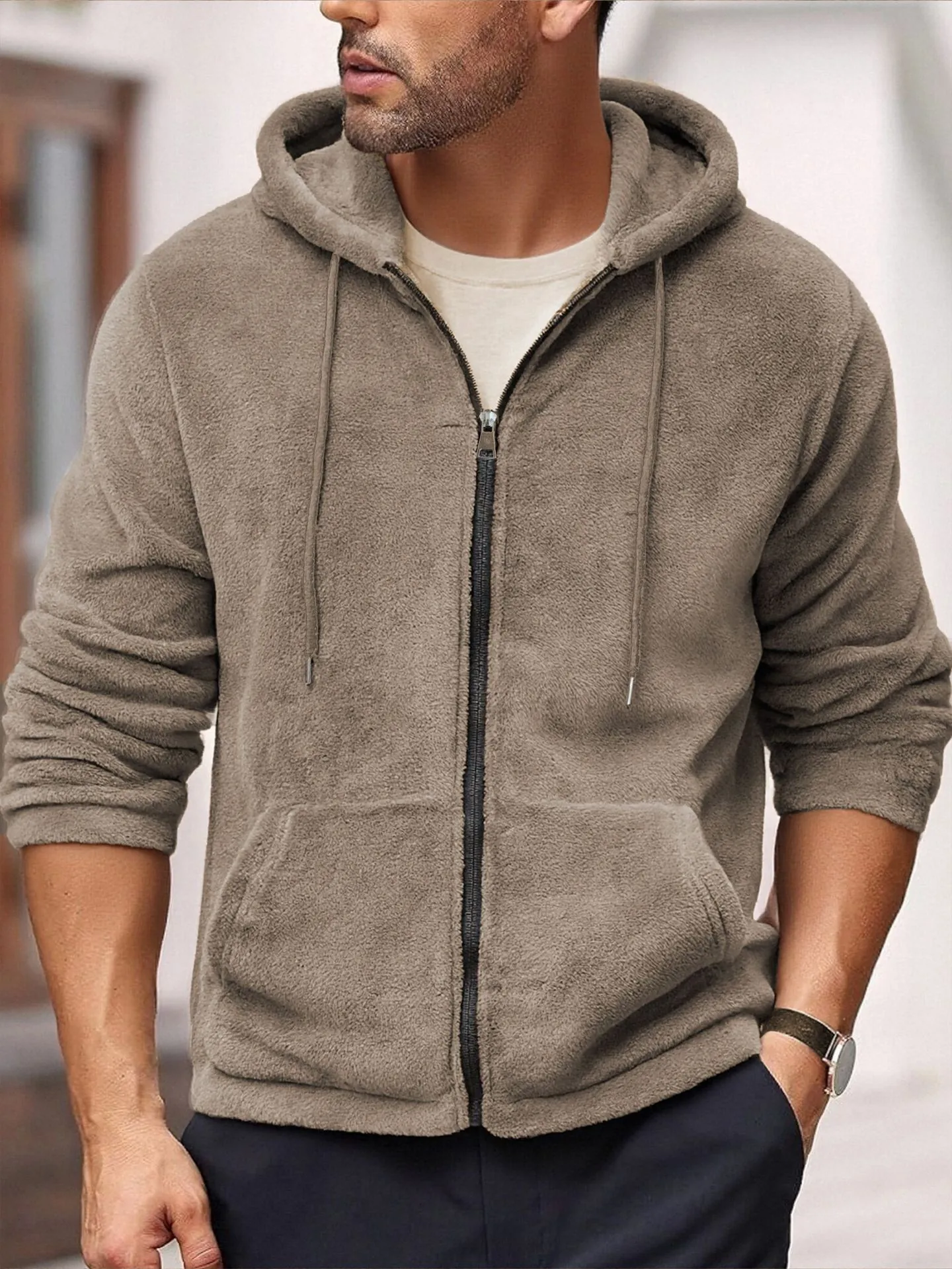 Men Casual Polar Fleece Hoodie Jacket Warm Solid Color Hooded Full Zipper Top For Autumn Winter Outdoor Sports Sweatshirt
