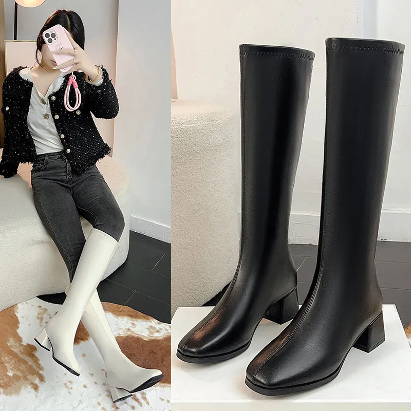 Women Square Toe Chunky Heel Knight Boots Fashion Solid Color Microfiber Leather Tall Boots For Spring Autumn Daily Wear