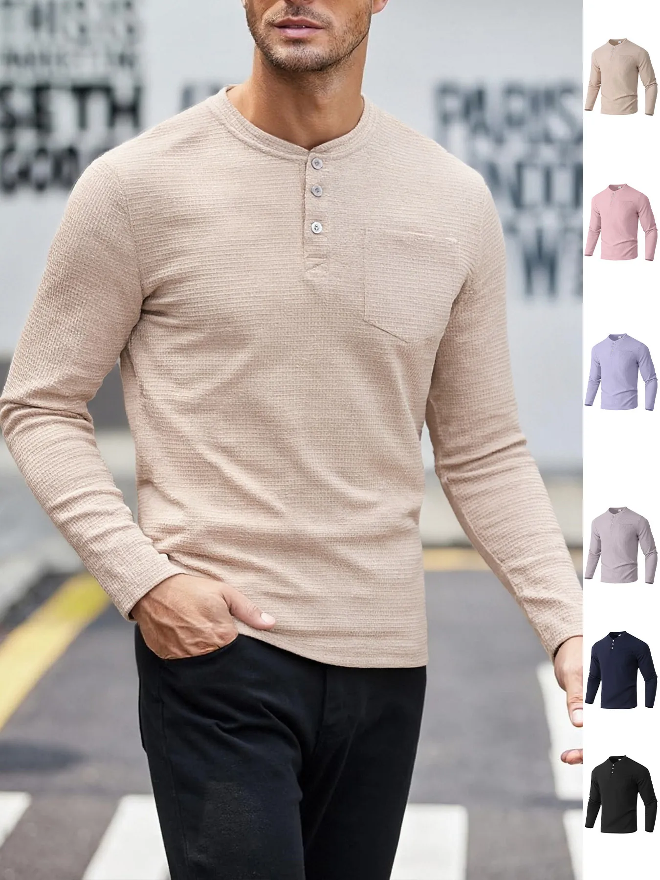 Men Long Sleeve Henley Shirt Waffle Knit Buttons Collar Casual Top With Chest Pocket Slim Fit Comfortable Pullover Sweatshirt For Autumn Spring