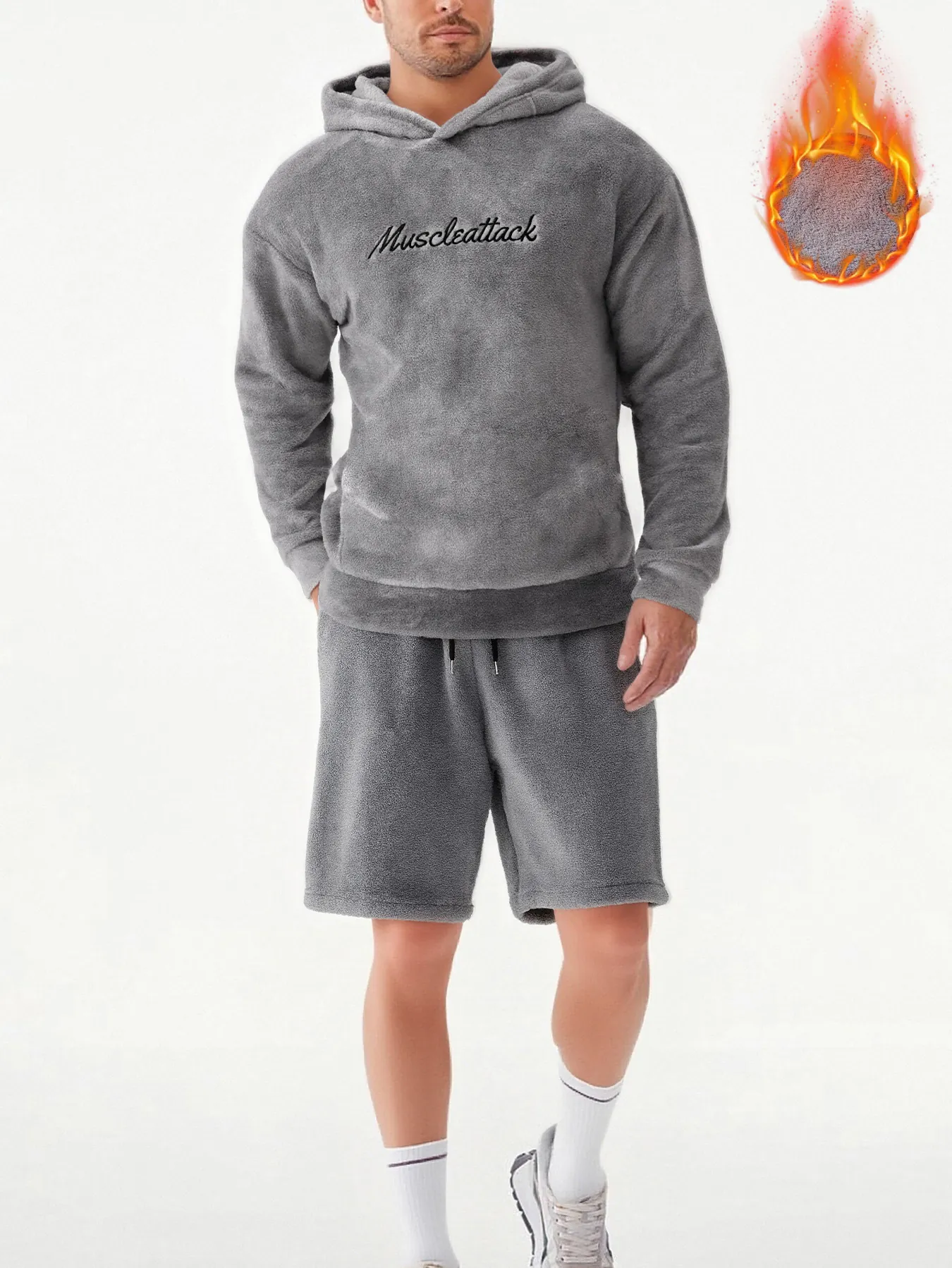 Men Fleece Hoodie And Shorts Set Winter Solid Embroidered Letter Hooded Sweatshirt Two Piece Outfit Top And Bottom