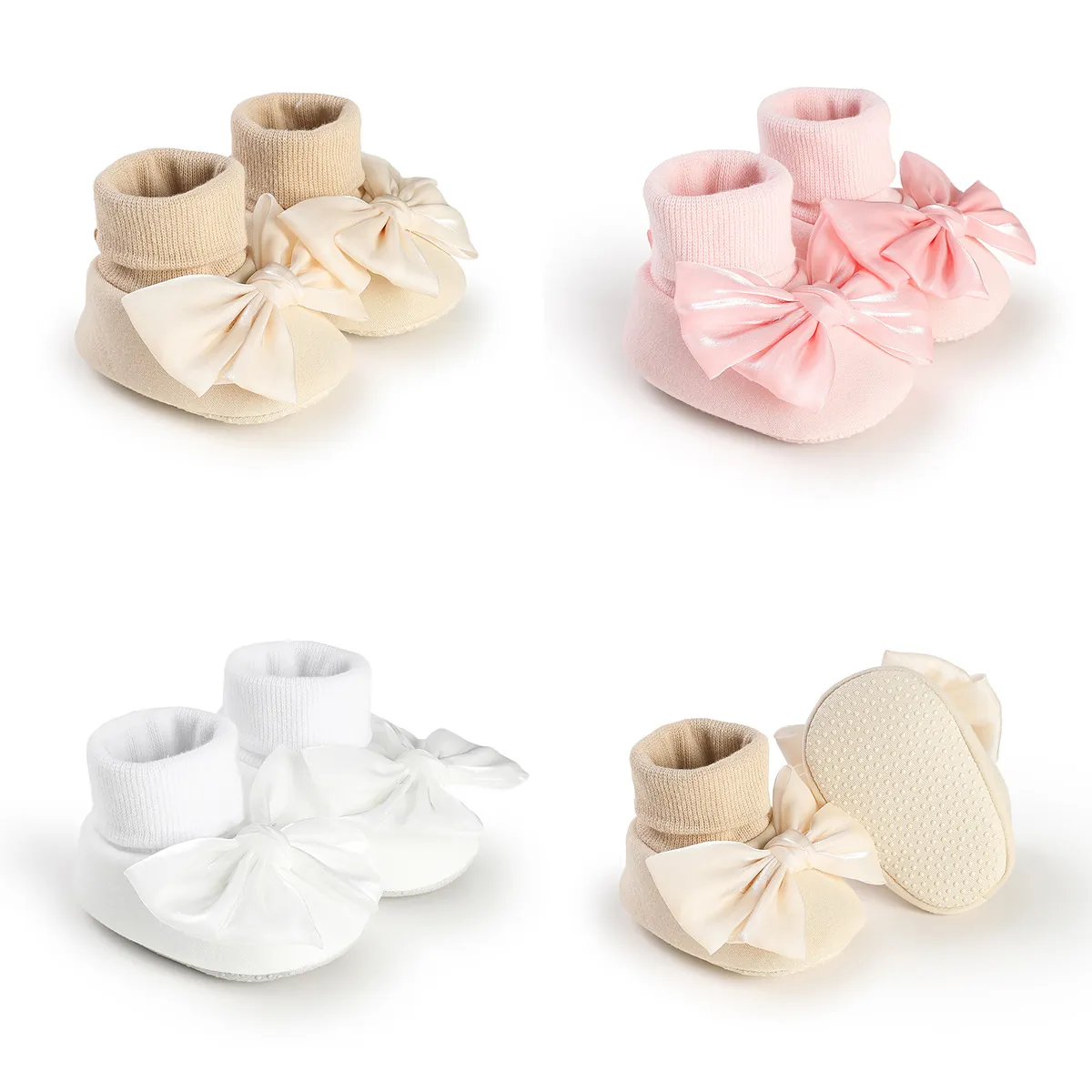 Baby Girl Winter Warm Thickened Fleece First Walkers Non-Slip Linen Satin Bow Infant Floor Sock Shoes