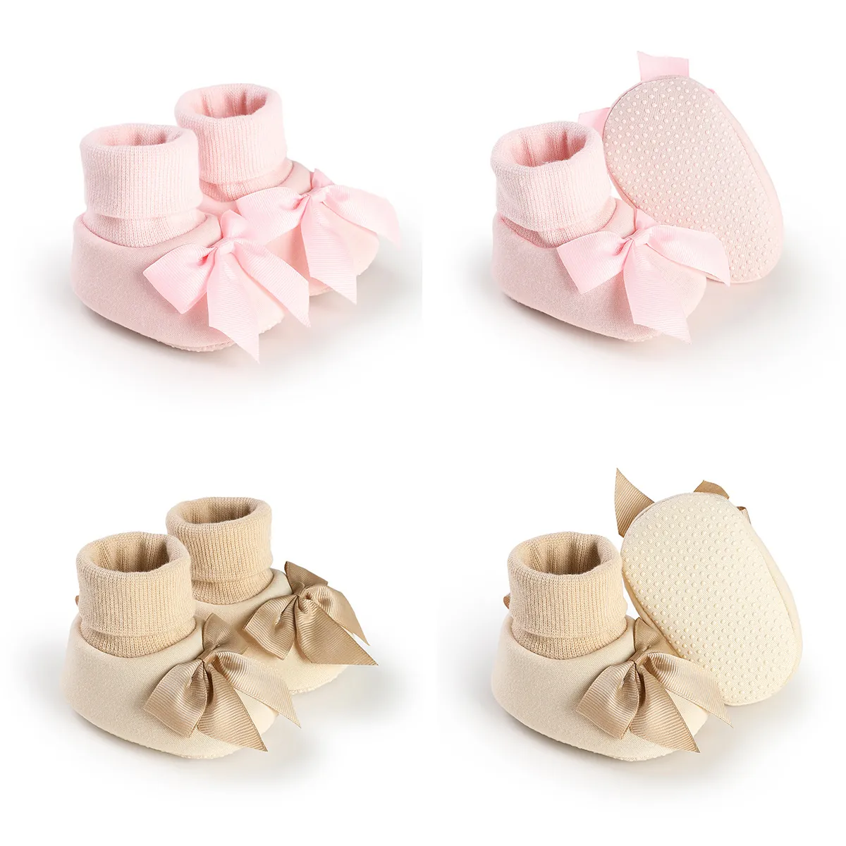 Chaussures Premier Pas pour Nouveau-Né Fille Chaussettes Hiver Doublées de Polaire Épaisse Antidérapantes Semelle Souple Pantoufles avec Grand Nœud en Satin Style Princesse